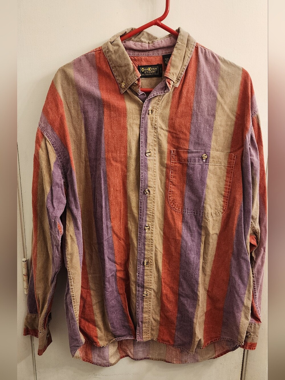 VintageOshKosh B'gosh Men's Vertical Stripe Button-Down Shirt - Red, Purple, Tan